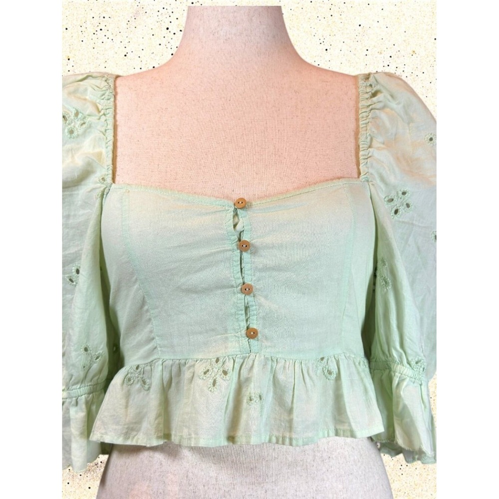 Zara Embroidered Eyelet Blouse M Puff Sleeve Cropped Top Mint Green Coquette - Picture 2 of 9